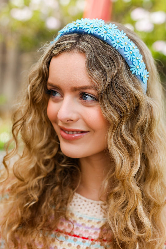Blue Satin Daisy Rhinestone Headband-2024 Blow-Out Sale-Evelyns Fashion