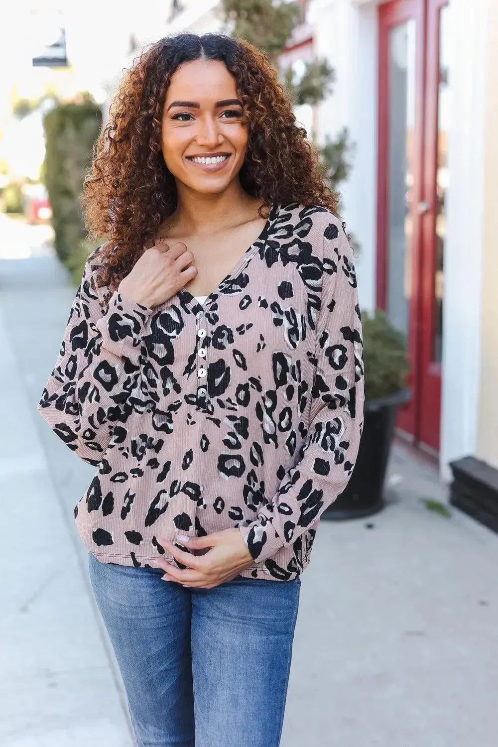 Bold & Chic: Beige Animal Print Button-Up Dolman Pullover-2024 Blow-Out Sale-Evelyns Fashion