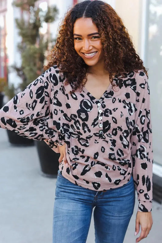 Bold & Chic: Beige Animal Print Button-Up Dolman Pullover-2024 Blow-Out Sale-Evelyns Fashion