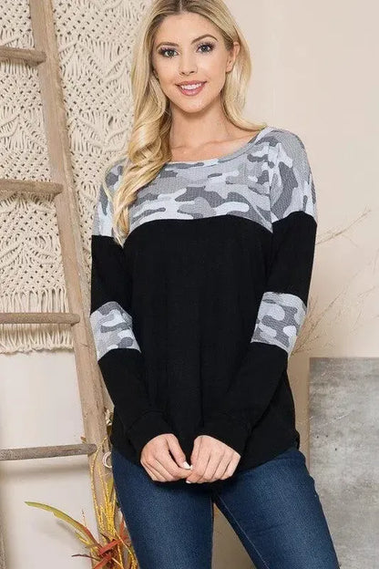 Bold & Cozy: Camouflage Contrast Sweater Knit-long sleeve-Evelyns Fashion