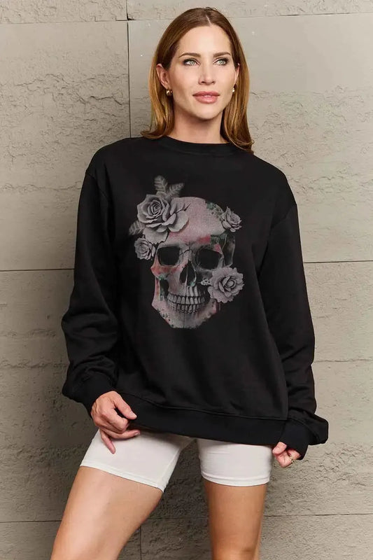 Bold & Cozy: Simply Love Full Size SKULL Graphic Sweatshirt-Sweat Shirts and Hoodies-Evelyns Fashion