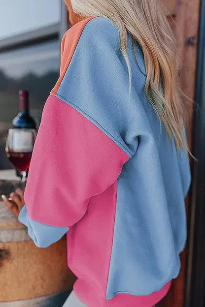 Bold & Cozy: Women Colorblock Patchwork Drop Shoulder Sweatshirt-Sweat Shirts and Hoodies-Evelyns Fashion