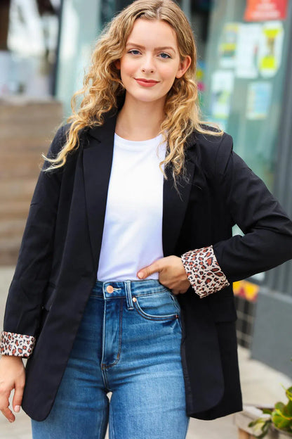 Bold Elegance: Black Leopard Lapel Blazer-Evelyns Fashion