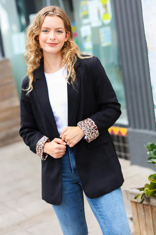 Bold Elegance: Black Leopard Lapel Blazer-Evelyns Fashion