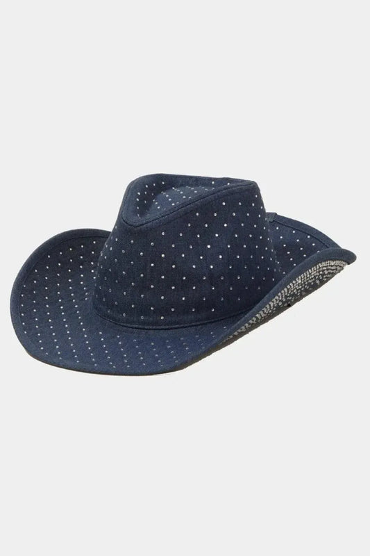 Bold & Sparkling: Dazzle in Denim Rhinestone Hat-Womens Hats-Evelyns Fashion
