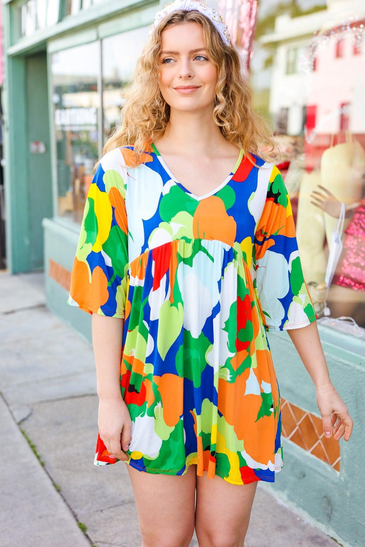 Bright Thoughts Green Floral Print V Neck Babydoll Dress-2024 Summer Blow Out Sale-Evelyns Fashion