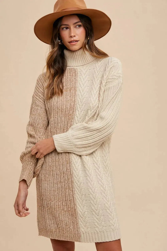 Brown Turtleneck Sweater Dress-Dresses-Evelyns Fashion