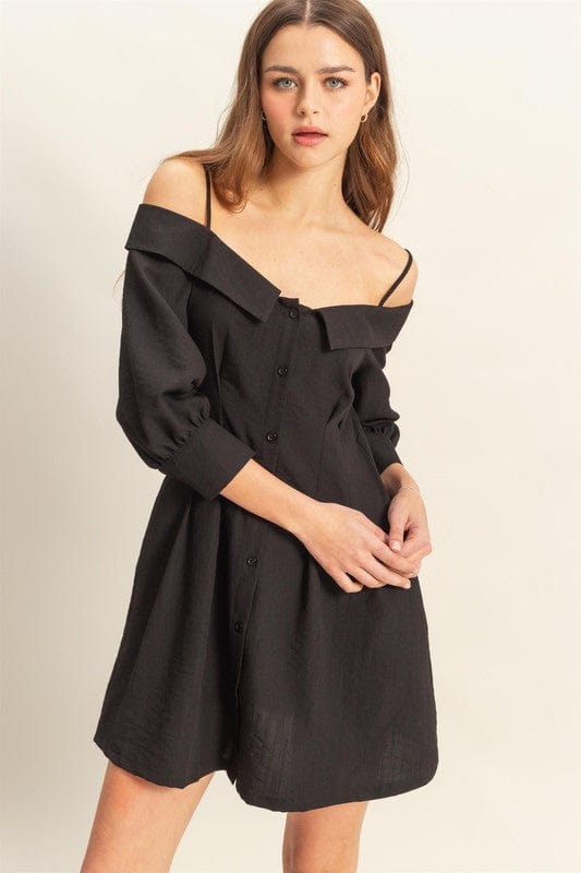 Button Down Mini Dress-Dress-Evelyns Fashion