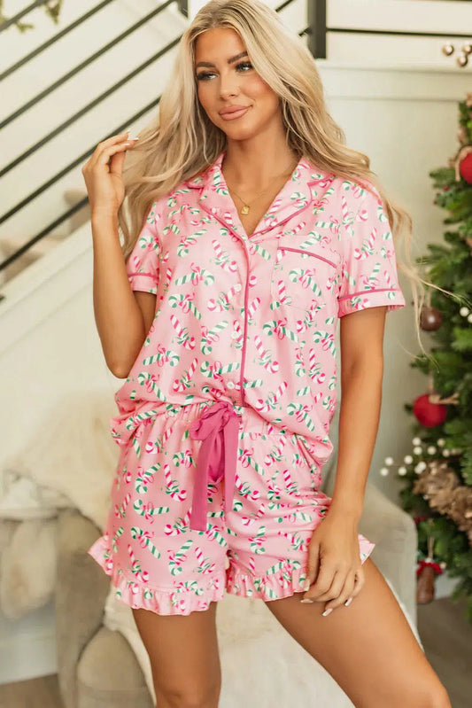 Candy Cane Collared Neck Top and Shorts Lounge Set-Loungewear-Evelyns Fashion