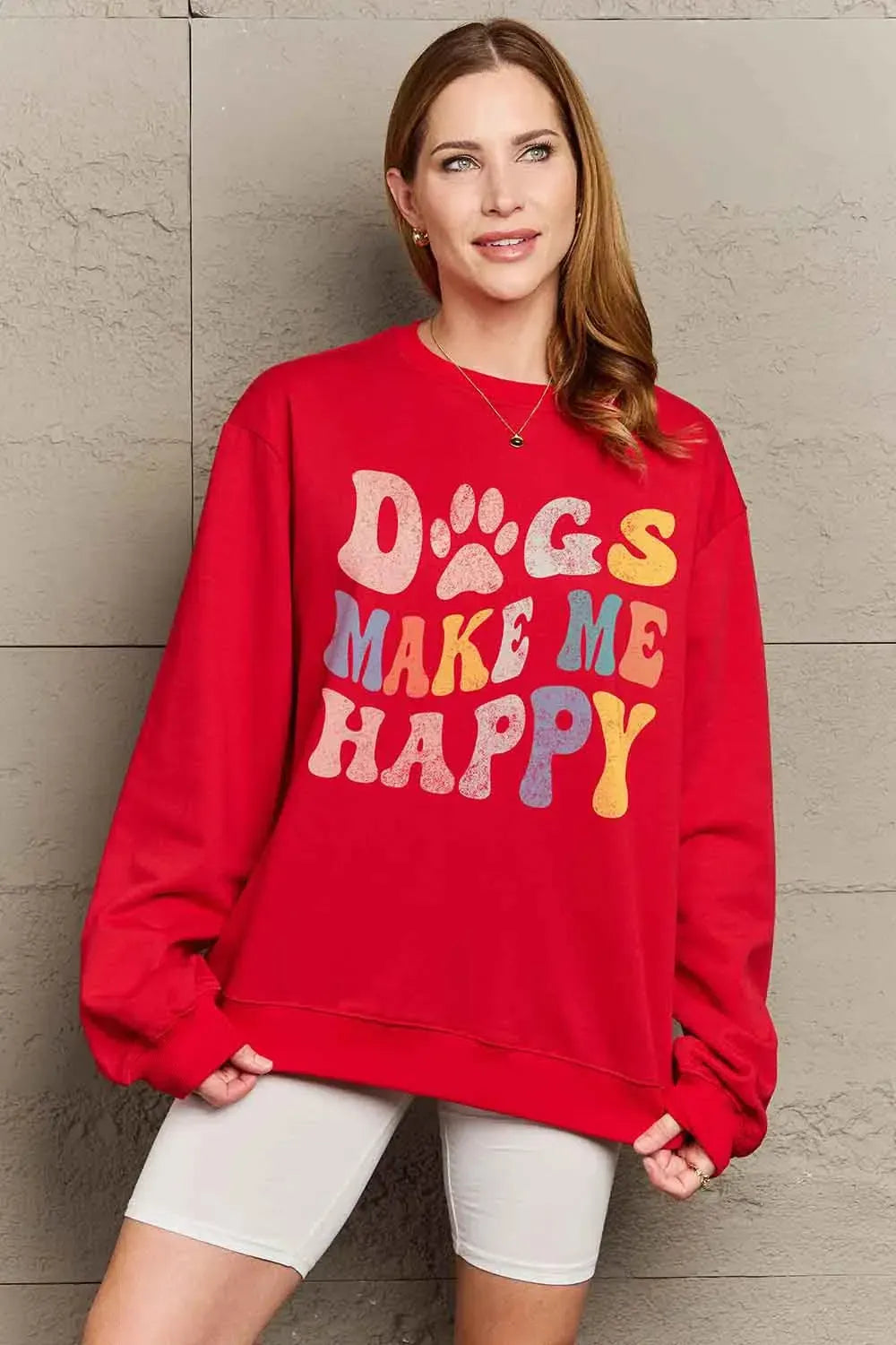 Celebrate Love: Simply Love Full Size 'DOGS MAKE ME HAPPY' Sweatshirt-Sweat Shirts and Hoodies-Evelyns Fashion