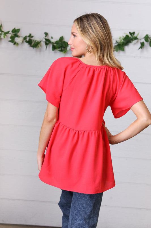 Cherry Red Babydoll Button Down Raglan Woven Top-Short Sleeve Blouse-Evelyns Fashion