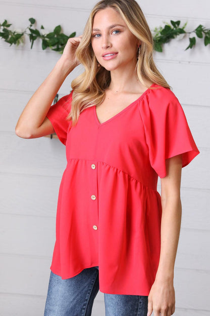 Cherry Red Babydoll Button Down Raglan Woven Top-Short Sleeve Blouse-Evelyns Fashion
