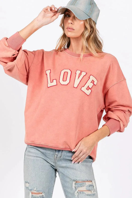 Chic Comfort: LOVE Path Applique Drop Shoulder Sweatshirt-Apparel & Accessories-Evelyns Fashion