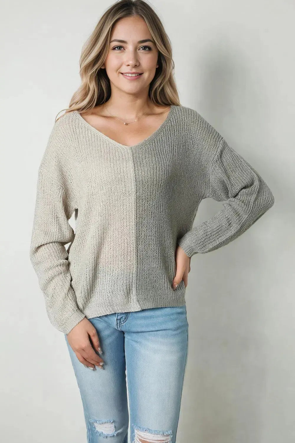 Chic Comfort: Stylish Contrast V-Neck Long Sleeve Pullover-Apparel & Accessories-Evelyns Fashion