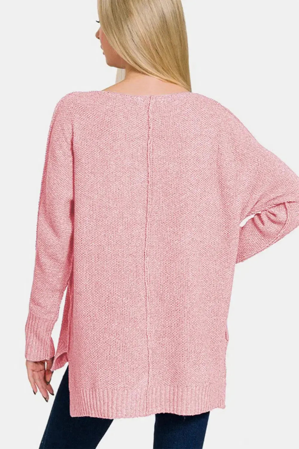 Chic Comfort: Zenana High-Low V-Neck Sweater-Apparel & Accessories-Evelyns Fashion