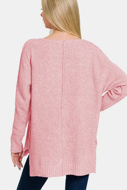 Chic Comfort: Zenana High-Low V-Neck Sweater-Apparel & Accessories-Evelyns Fashion