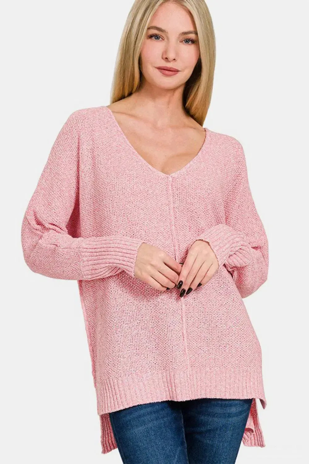 Chic Comfort: Zenana High-Low V-Neck Sweater-Apparel & Accessories-Evelyns Fashion