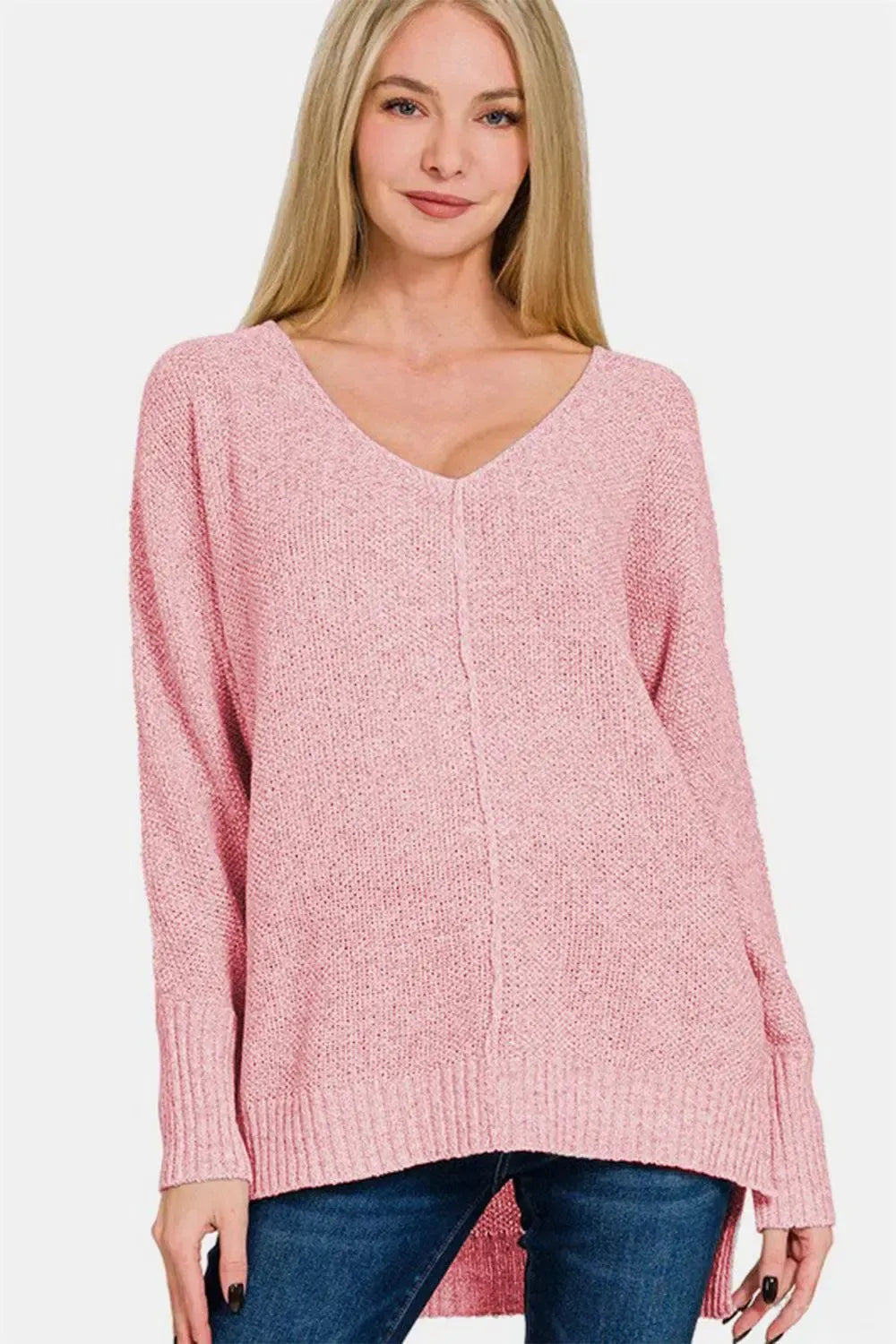 Chic Comfort: Zenana High-Low V-Neck Sweater-Apparel & Accessories-Evelyns Fashion