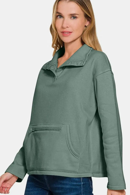 Chic Comfort: Zenana Turtleneck Half Snap Fleece Sweatshirt-Apparel & Accessories-Evelyns Fashion