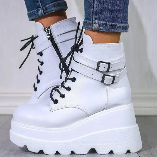 Chic & Comfortable: PU Leather Lace-Up Wedge Boots for Women-shoes-Evelyns Fashion