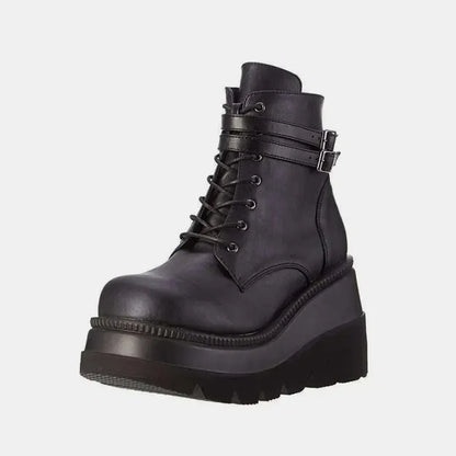 Chic & Comfortable: PU Leather Lace-Up Wedge Boots for Women-shoes-Evelyns Fashion