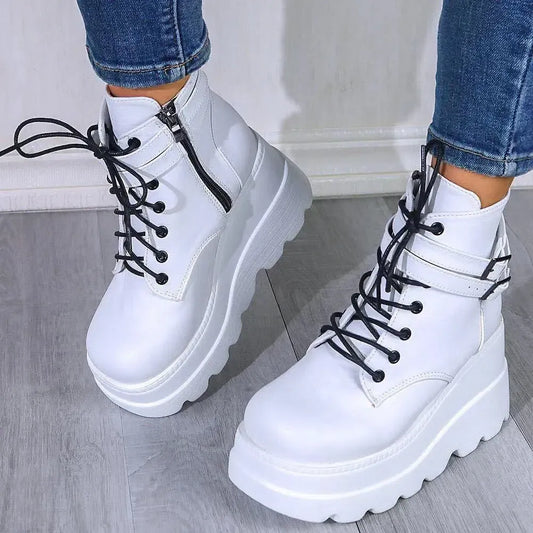 Chic & Comfortable: PU Leather Lace-Up Wedge Boots for Women-shoes-Evelyns Fashion