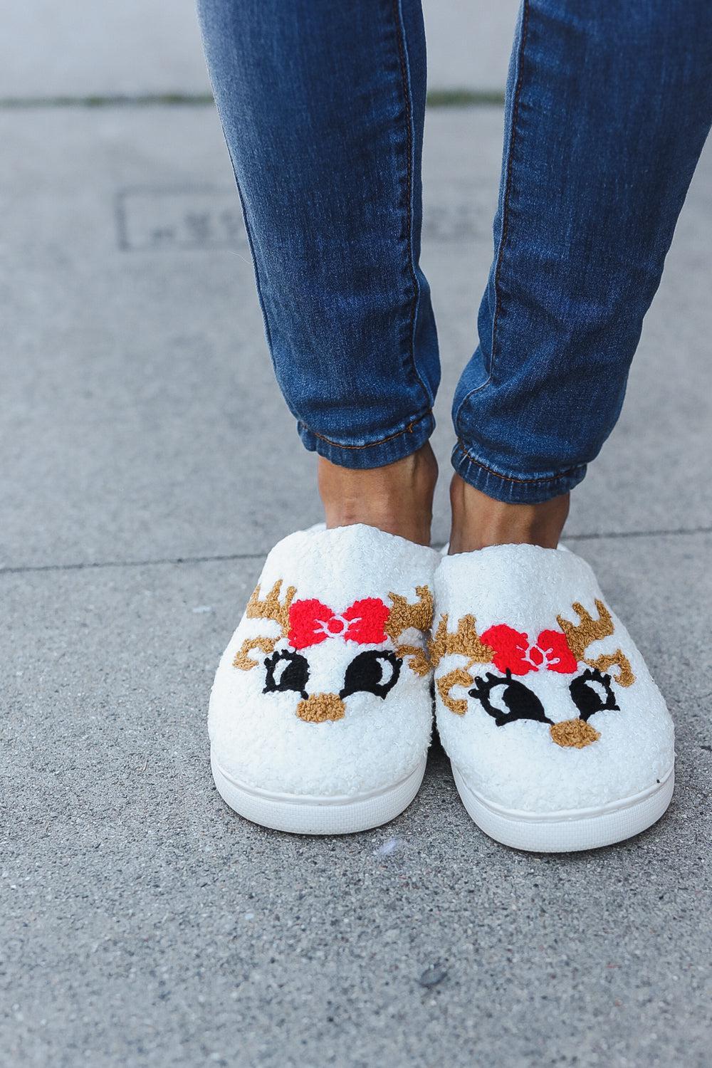 Christmas Reindeer Print Fleece Slippers-2024 Blow-Out Sale-Evelyns Fashion