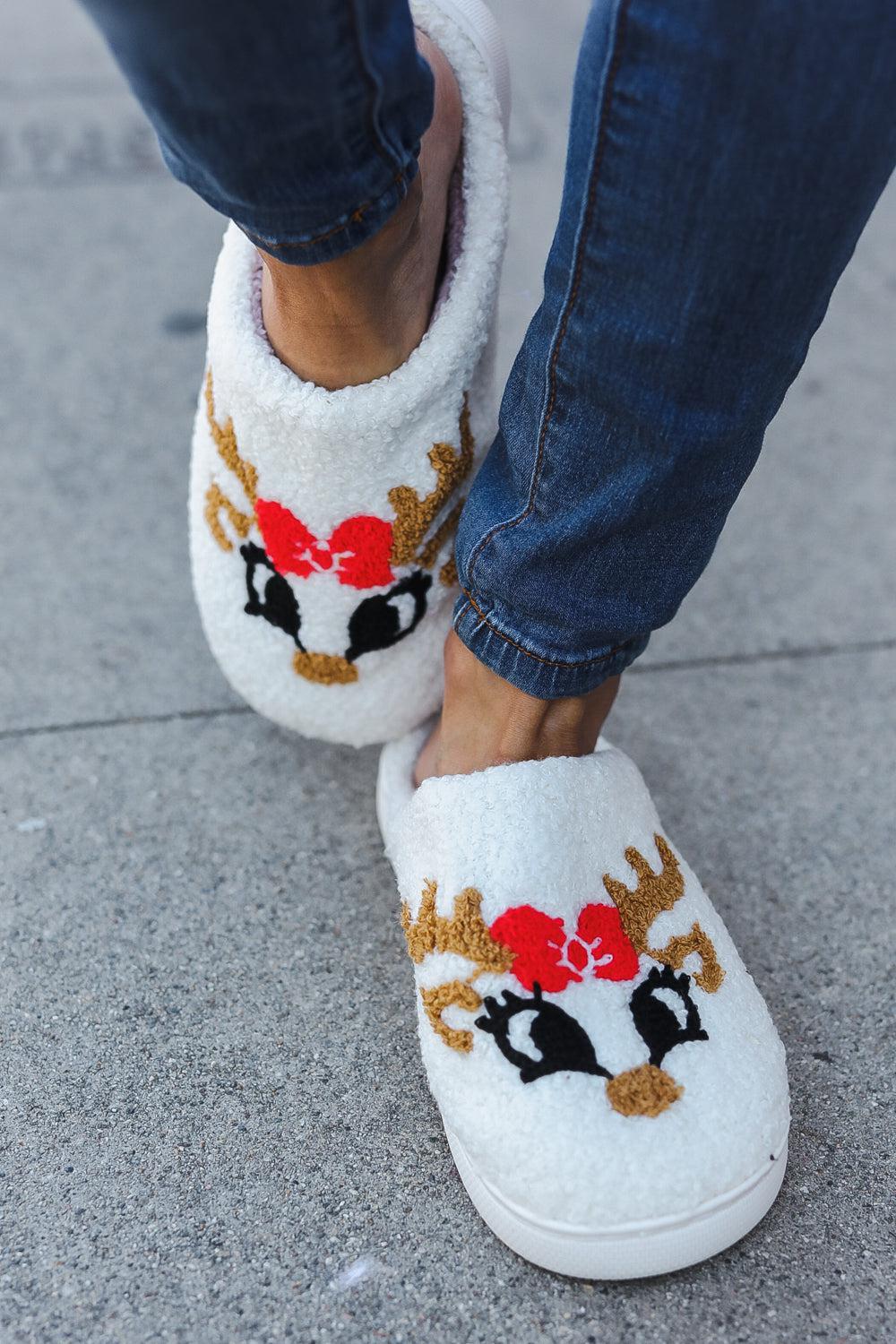 Christmas Reindeer Print Fleece Slippers-2024 Blow-Out Sale-Evelyns Fashion