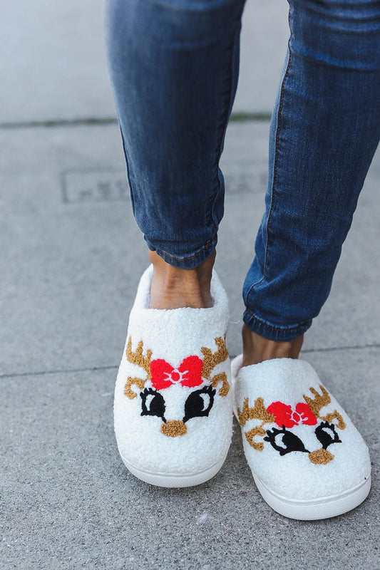 Christmas Reindeer Print Fleece Slippers-2024 Blow-Out Sale-Evelyns Fashion