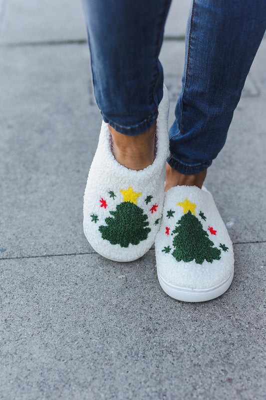 Christmas Tree Print Fleece Slippers-2024 Blow-Out Sale-Evelyns Fashion