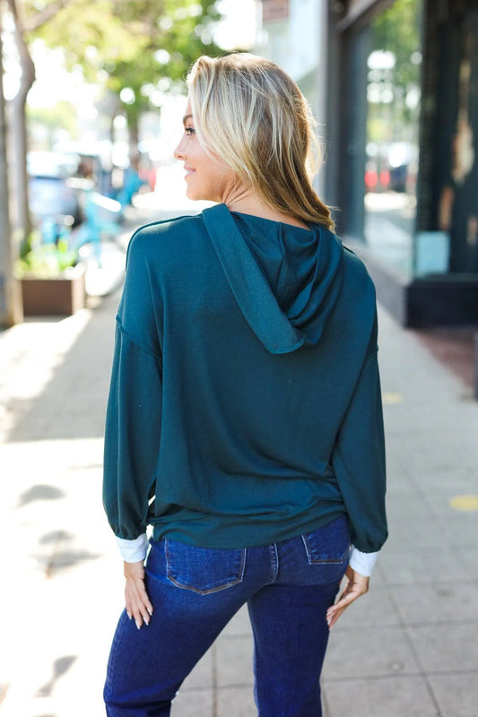 Classic Comfort: Block Check Print Terry Hoodie – Hunter Green-Evelyns Fashion
