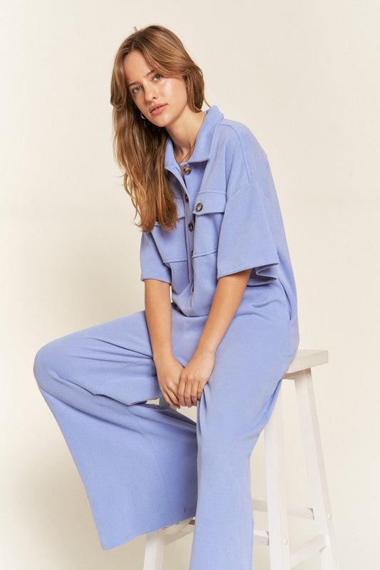 Collared Shirt Wide Leg Jumpsuit-Jumpsuits-Evelyns Fashion