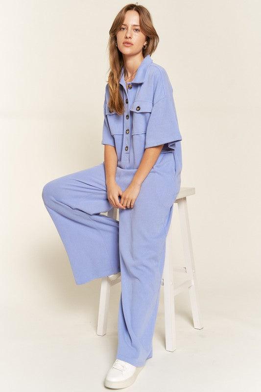 Collared Shirt Wide Leg Jumpsuit-Jumpsuits-Evelyns Fashion