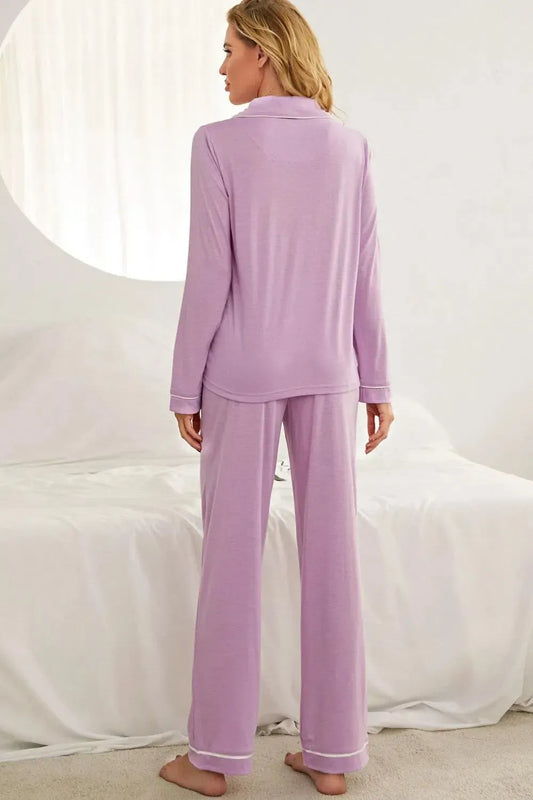 Contrast Piping Button Down Top and Pants Loungewear Set-Apparel & Accessories-Evelyns Fashion