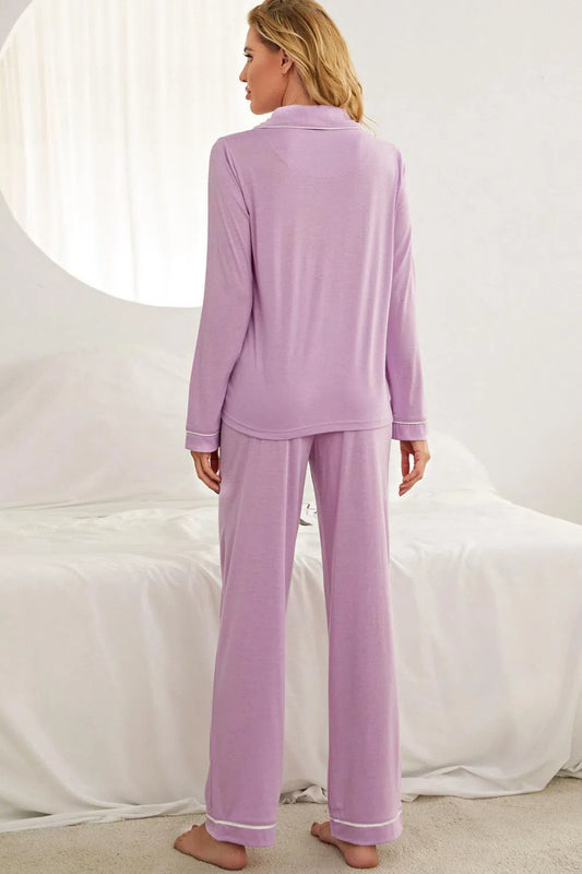 Contrast Piping Button Down Top and Pants Loungewear Set-Apparel & Accessories-Evelyns Fashion