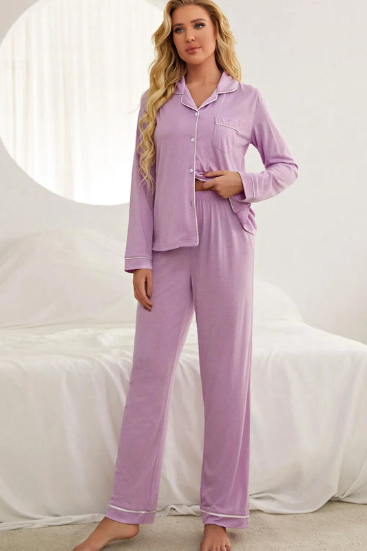 Contrast Piping Button Down Top and Pants Loungewear Set-Apparel & Accessories-Evelyns Fashion