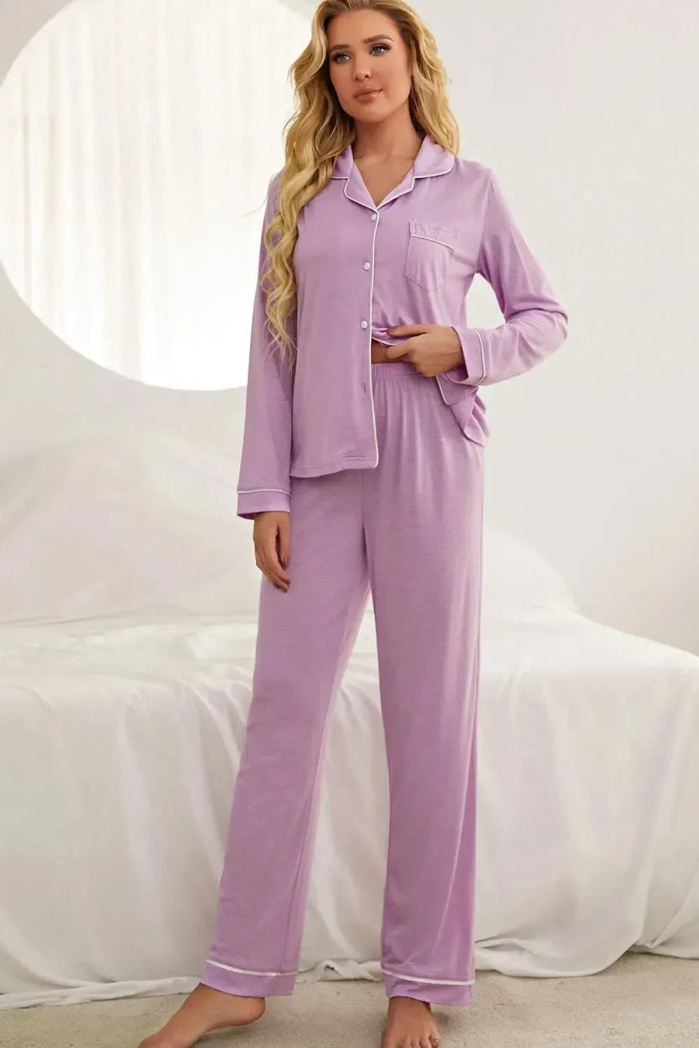 Contrast Piping Button Down Top and Pants Loungewear Set-Apparel & Accessories-Evelyns Fashion