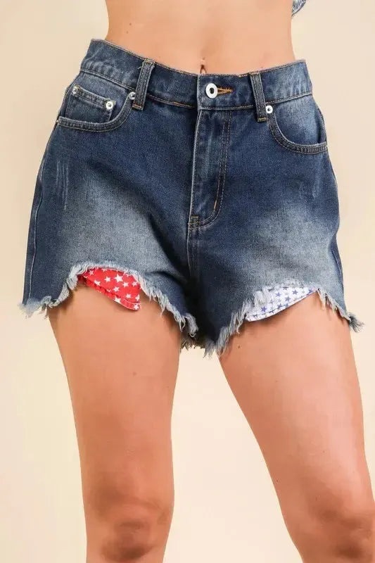 Contrast Wash Denim Shorts-Denim Shorts-Evelyns Fashion