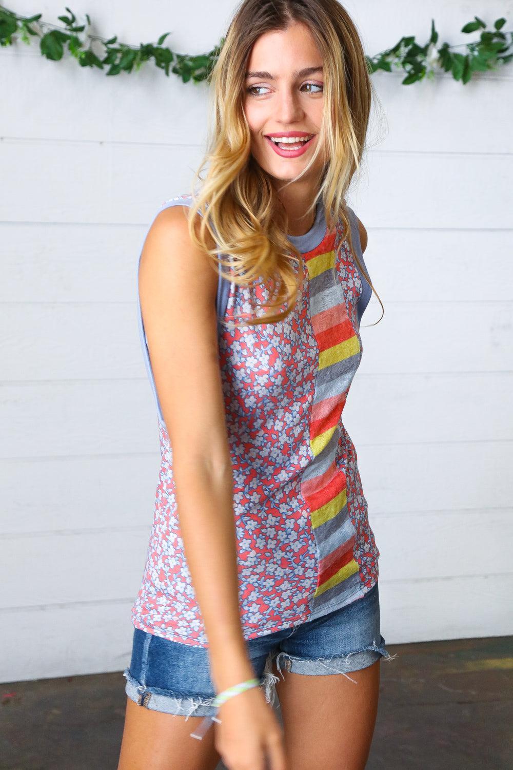 Coral & Denim Floral Stripe Tank-Tank Tops-Evelyns Fashion