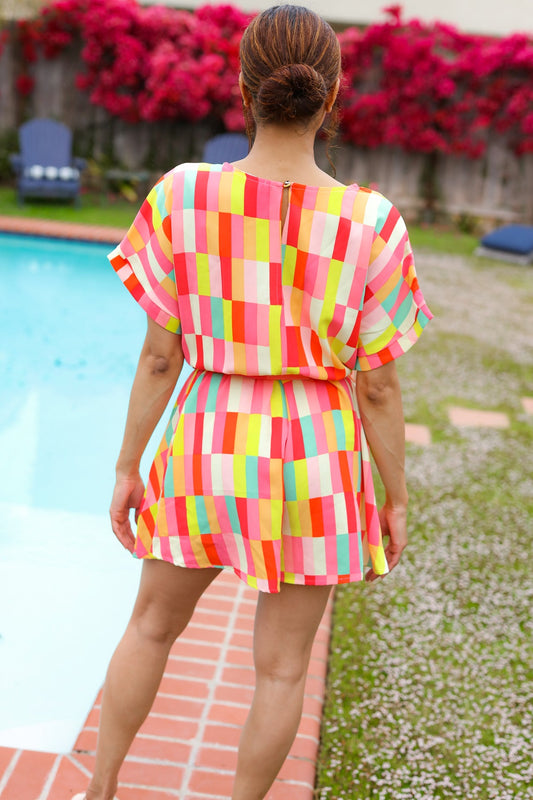 Coral Geo Surplice Romper-Rompers-Evelyns Fashion
