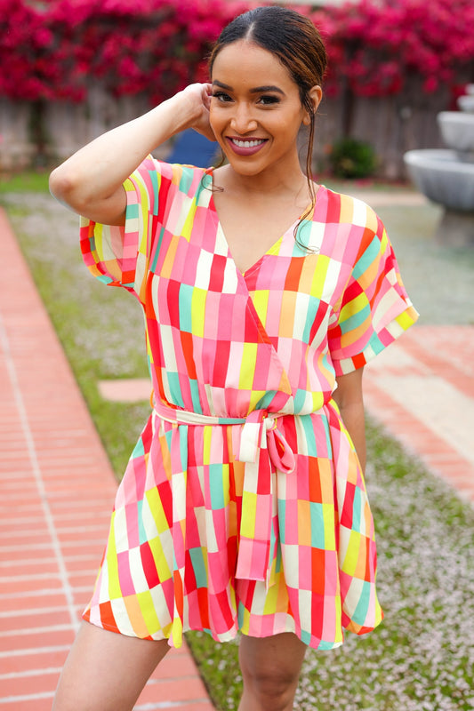 Coral Geo Surplice Romper-Rompers-Evelyns Fashion