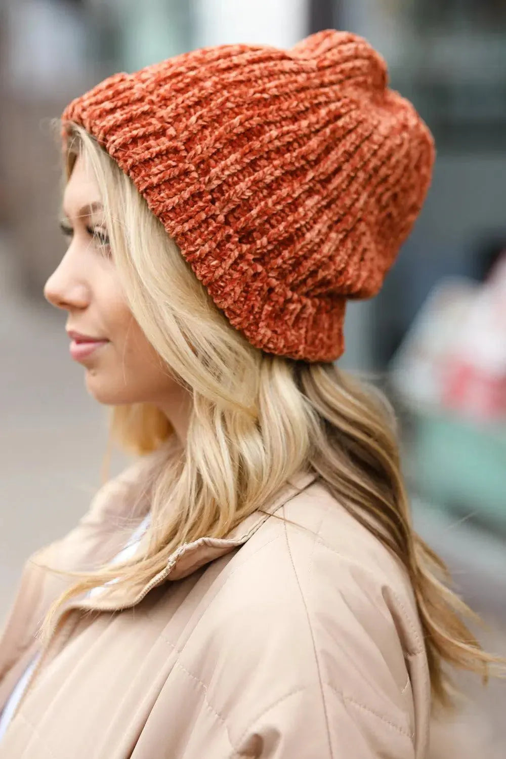 Cozy Elegance: Rust Knit Velvet Chenille Fold Over Beanie-2024 Blow-Out Sale-Evelyns Fashion
