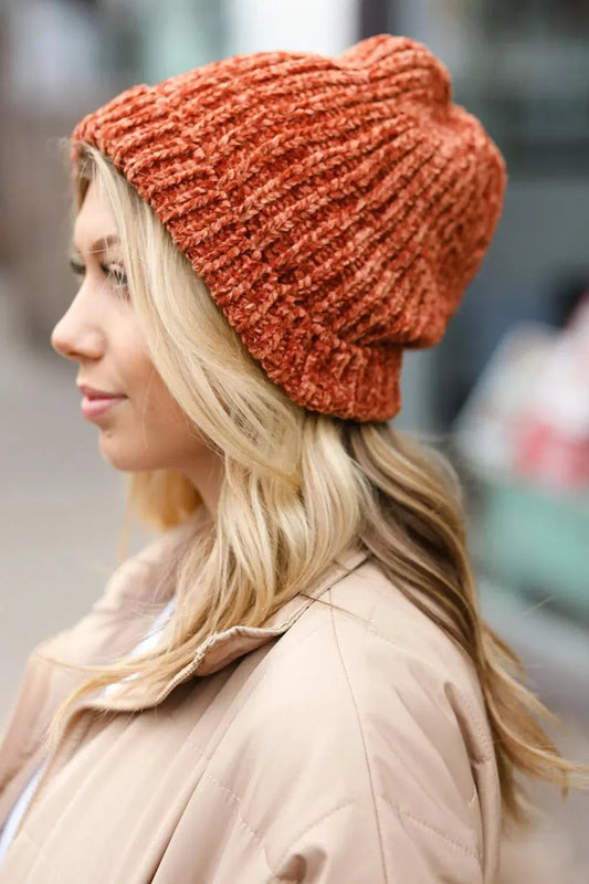 Cozy Elegance: Rust Knit Velvet Chenille Fold Over Beanie-2024 Blow-Out Sale-Evelyns Fashion