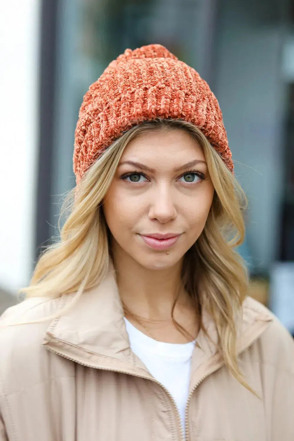 Cozy Elegance: Rust Knit Velvet Chenille Fold Over Beanie-2024 Blow-Out Sale-Evelyns Fashion