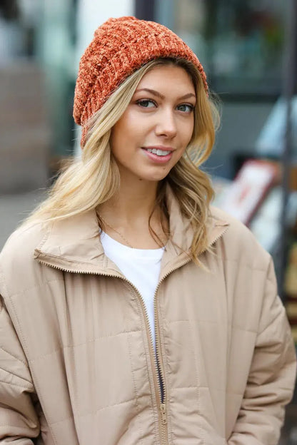 Cozy Elegance: Rust Knit Velvet Chenille Fold Over Beanie-2024 Blow-Out Sale-Evelyns Fashion