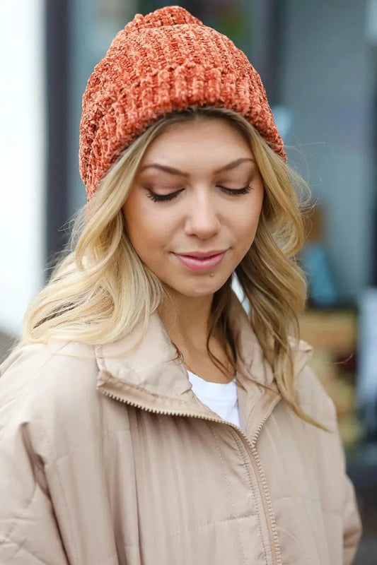 Cozy Elegance: Rust Knit Velvet Chenille Fold Over Beanie-2024 Blow-Out Sale-Evelyns Fashion