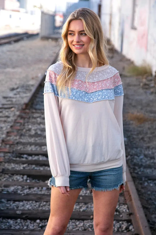 Cozy & Modern: Taupe & Sky Blue Thermal Knit Pullover-2024 Blow-Out Sale-Evelyns Fashion