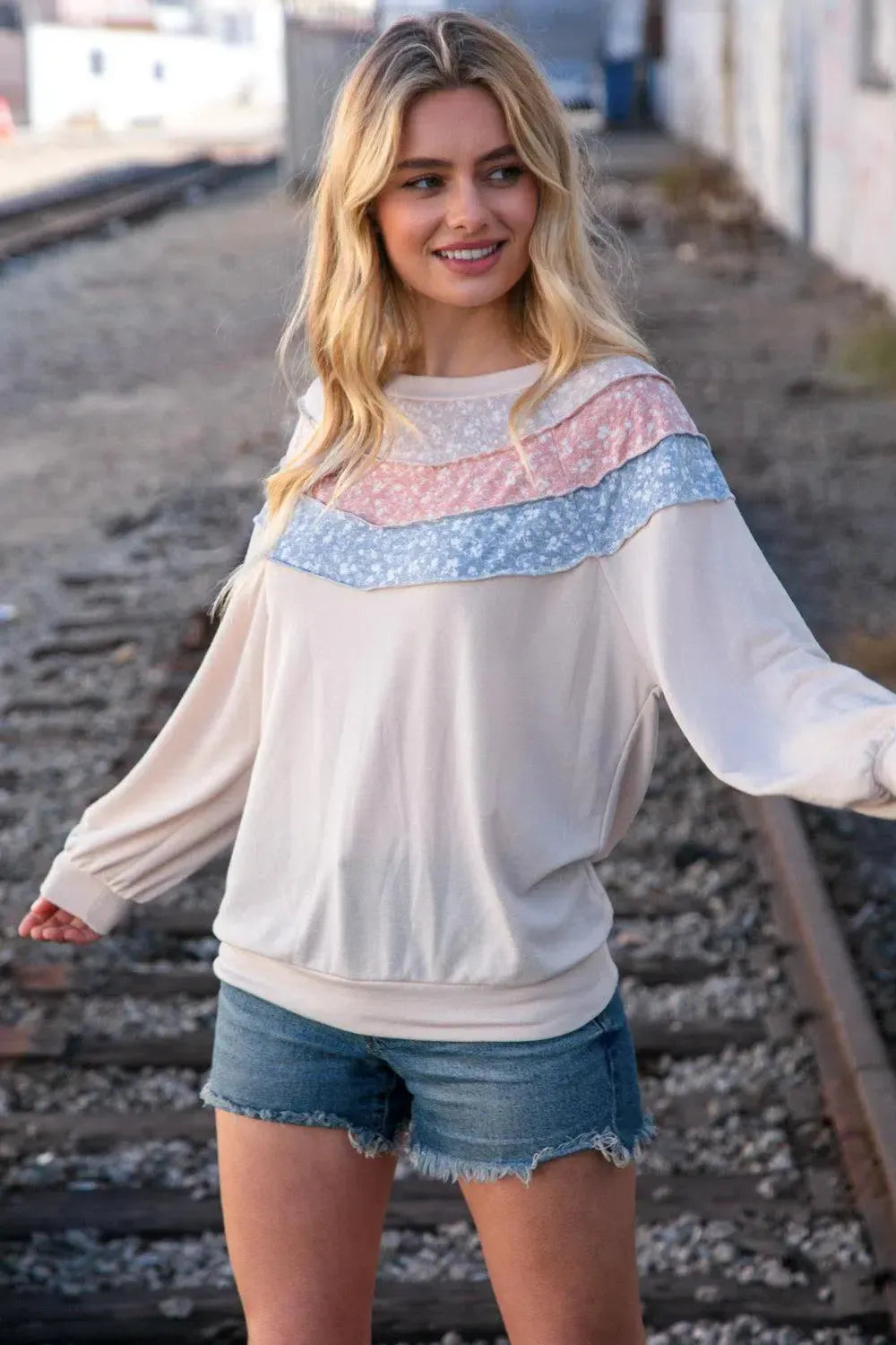 Cozy & Modern: Taupe & Sky Blue Thermal Knit Pullover-2024 Blow-Out Sale-Evelyns Fashion
