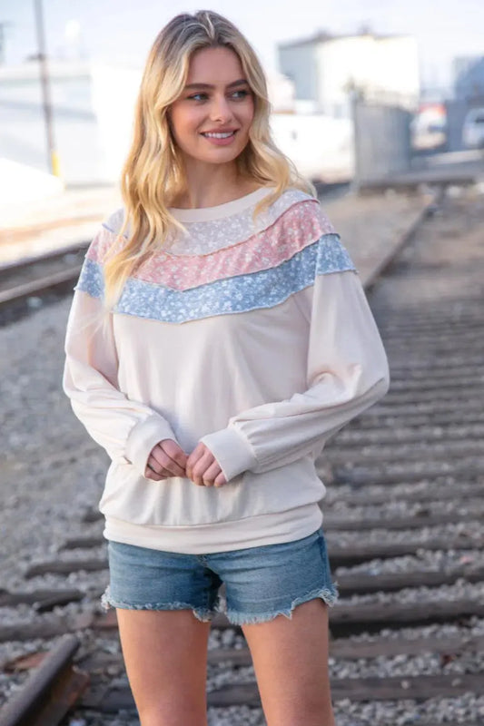 Cozy & Modern: Taupe & Sky Blue Thermal Knit Pullover-2024 Blow-Out Sale-Evelyns Fashion