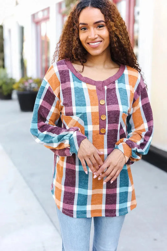 Cozy Plaid French Terry Henley Pocket Top for Every Day-2024 Blow-Out Sale-Evelyns Fashion